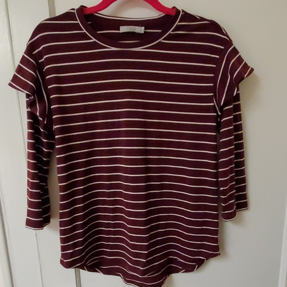 Burgundy and white striped top ruffle shoulders S